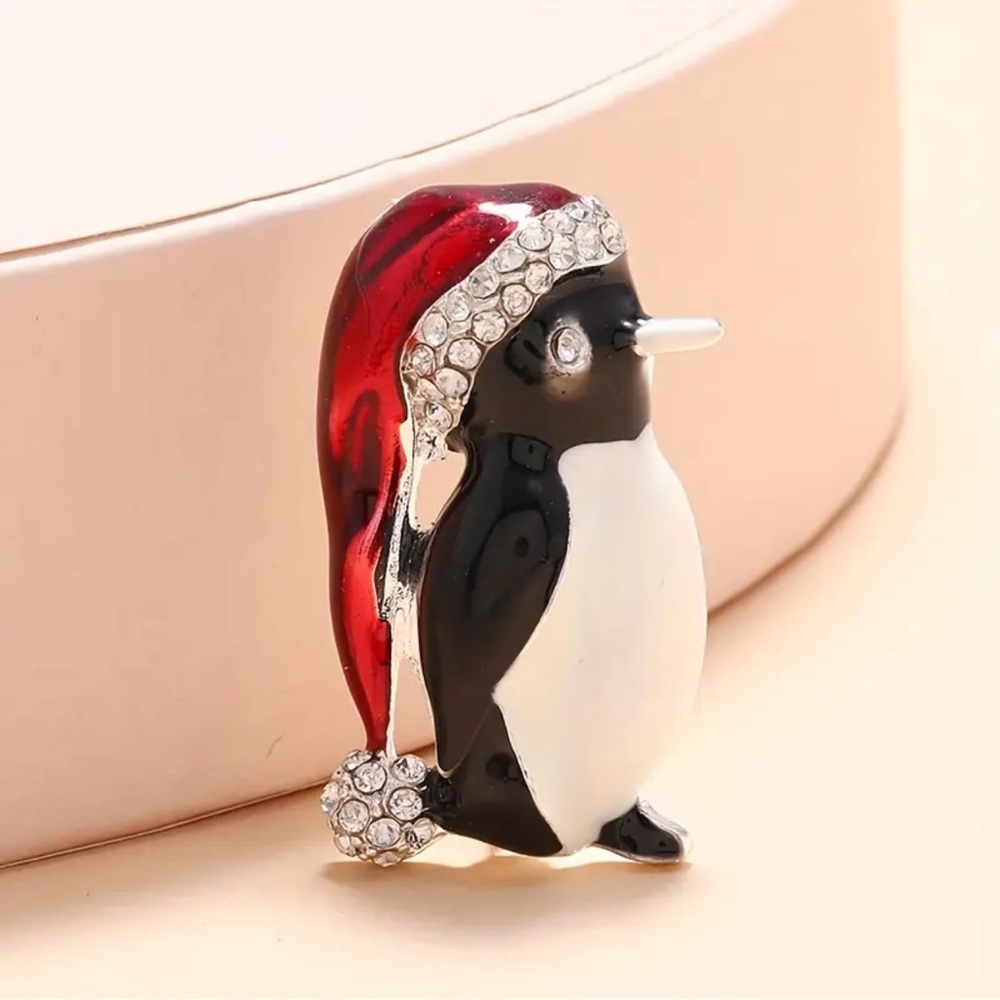 Charming Penguin Brooch with Red and Black Accents, Penguin Santa Brooch